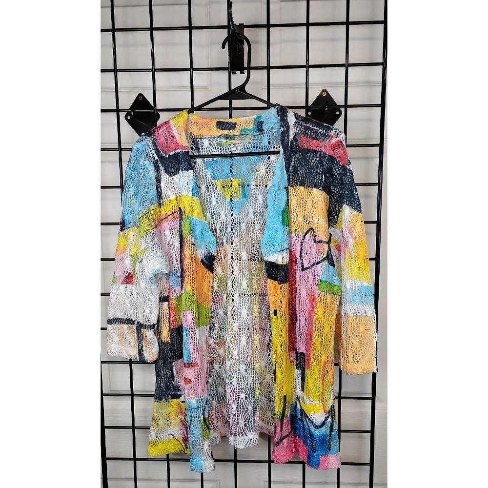 Impulse California Women XL Abstract Crochet Knit Funky Cardigan Color Glam Art - Picture 2 of 8
